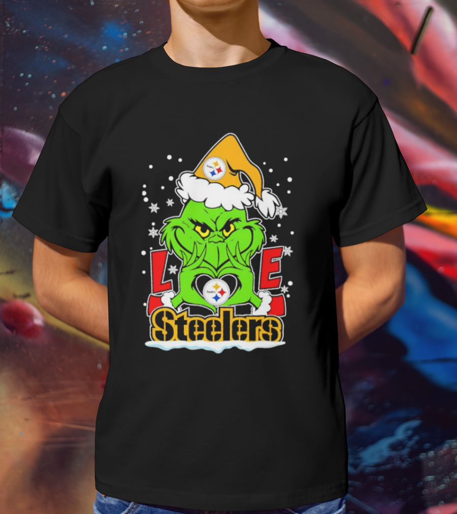 The Grinch Santa Hat Love Pittsburgh Steelers Logo Snowflakes T-Shirt