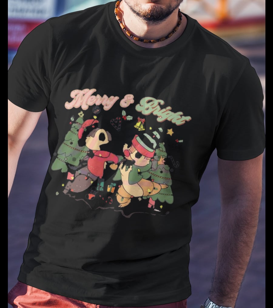 Chip And Dale Merry And Bright Christmas With Festive Trees And Holiday Cheer T-Shirt