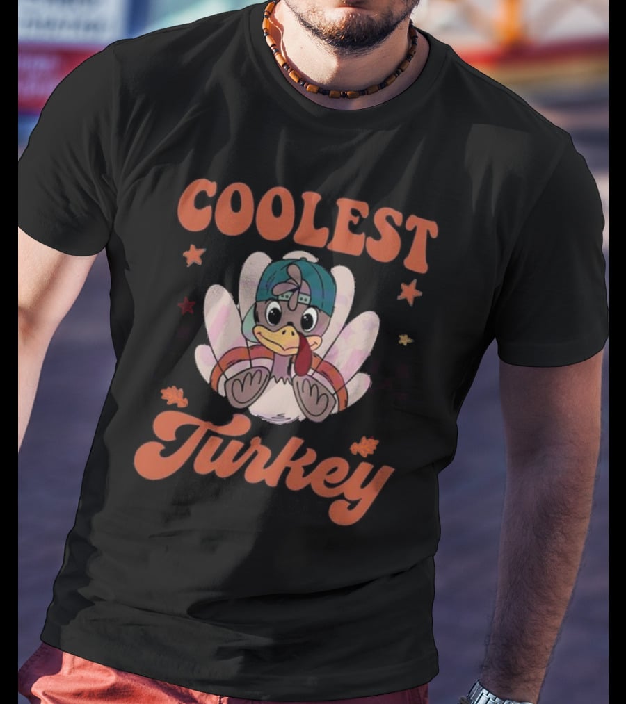Coolest Turkey At The Table Vintage Cartoon Style With Cap And Stars Decor T-Shirt