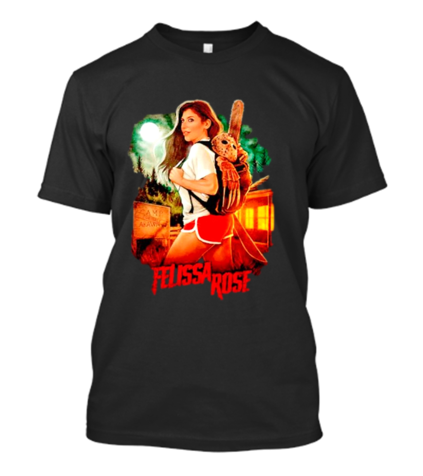 Felissa Rose Happy Camper Camp Arawak Masked Figure Forest Scene T-Shirt