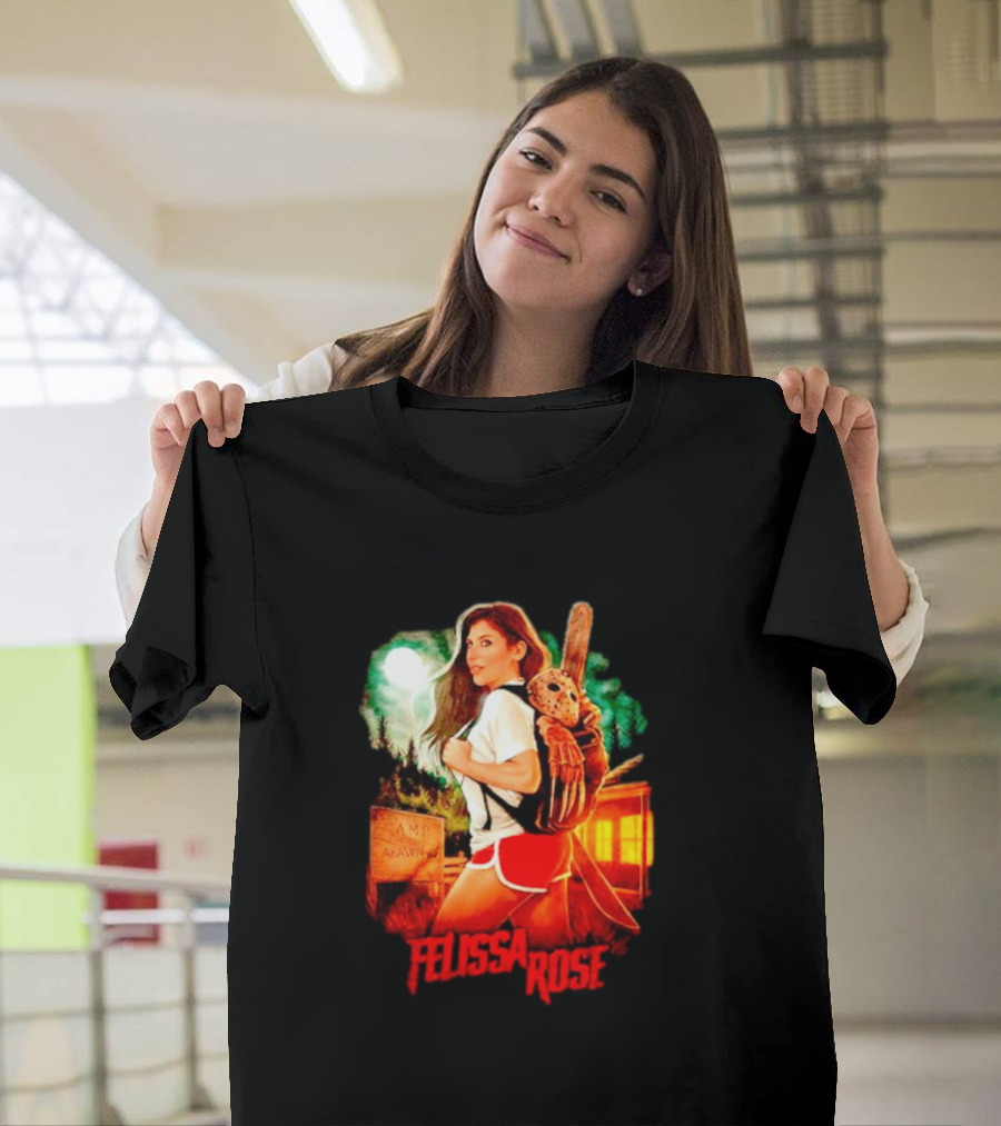 Felissa Rose Happy Camper Camp Arawak Masked Figure Forest Scene T-Shirt