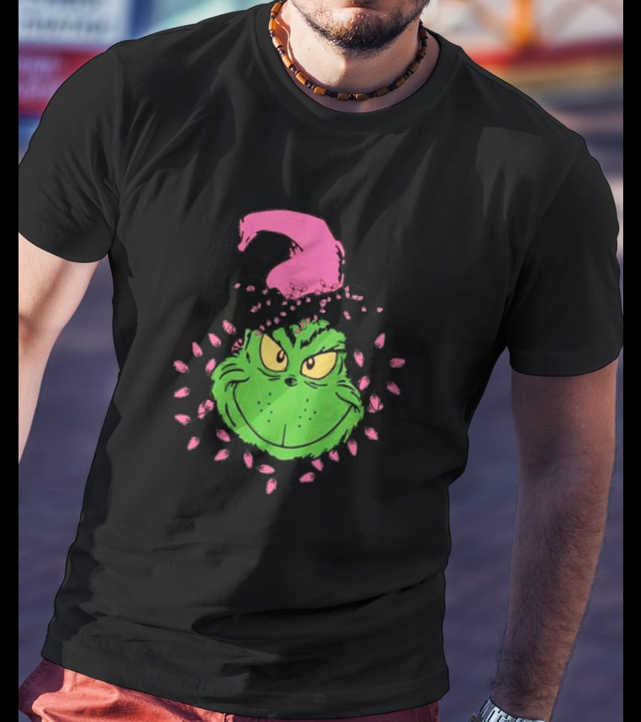 Grinch In Pink Santa Hat With Pink Christmas Lights T-Shirt