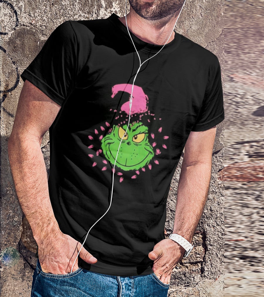 Grinch In Pink Santa Hat With Pink Christmas Lights T-Shirt