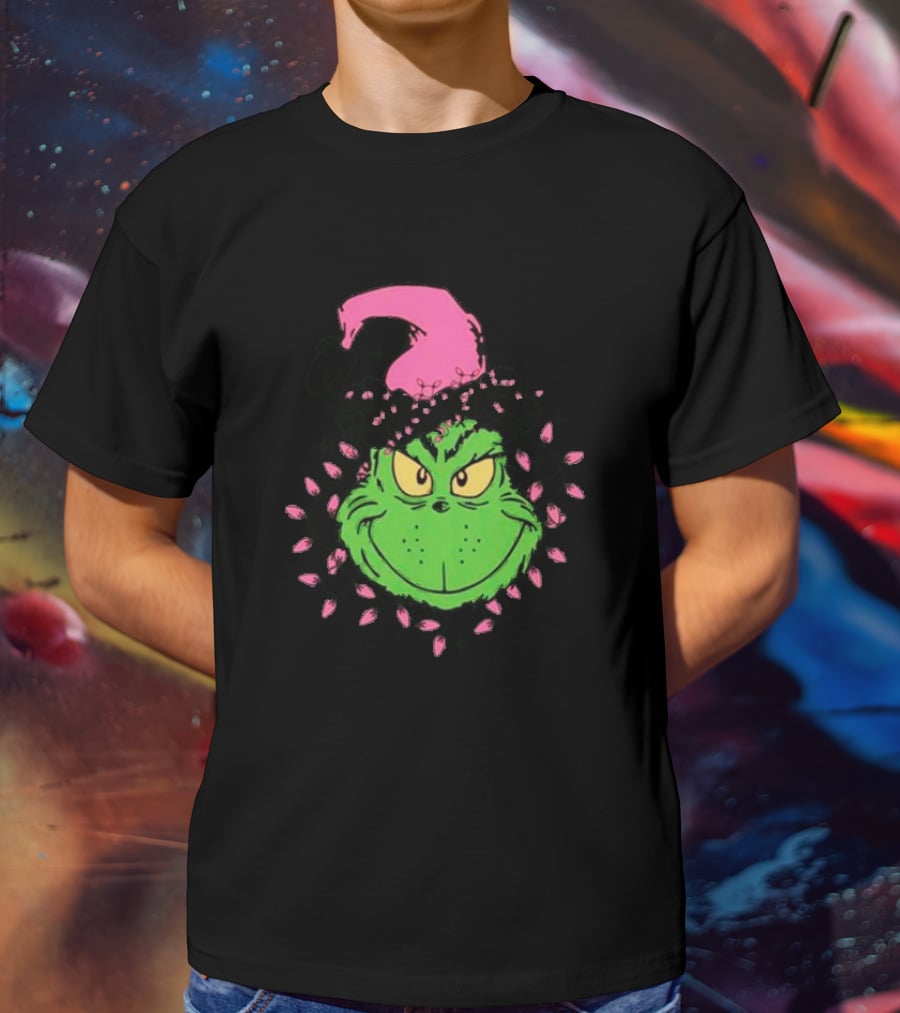 Grinch In Pink Santa Hat With Pink Christmas Lights T-Shirt