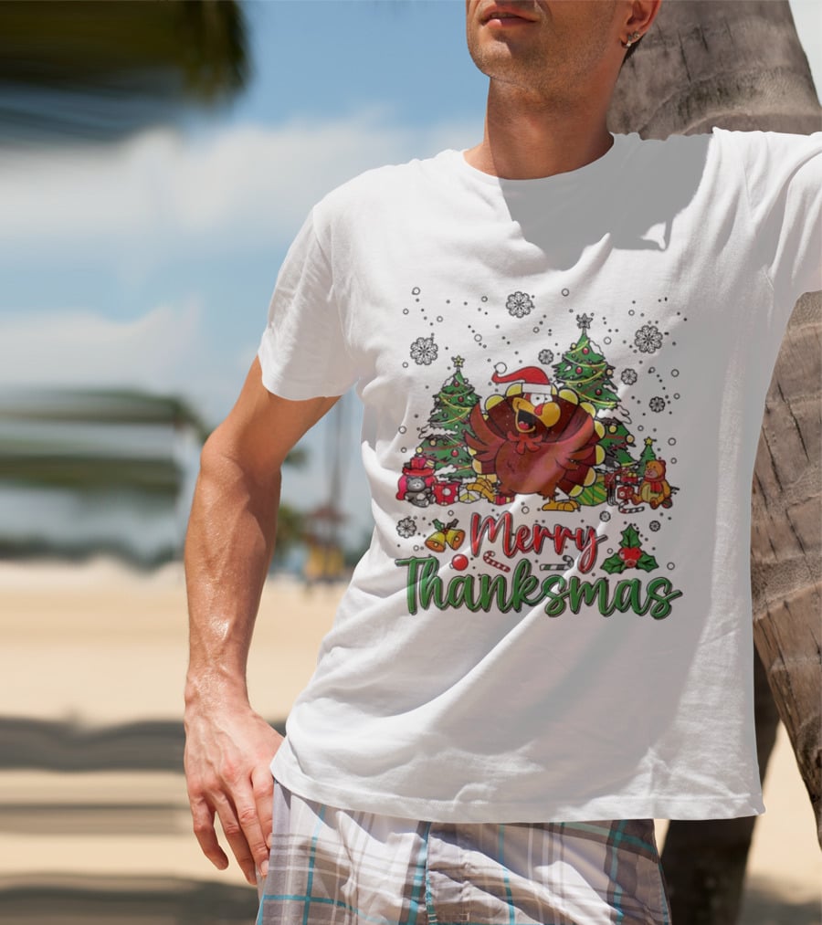 Merry Thanksmas Funny Turkey Santa Hat Christmas Trees T-Shirt