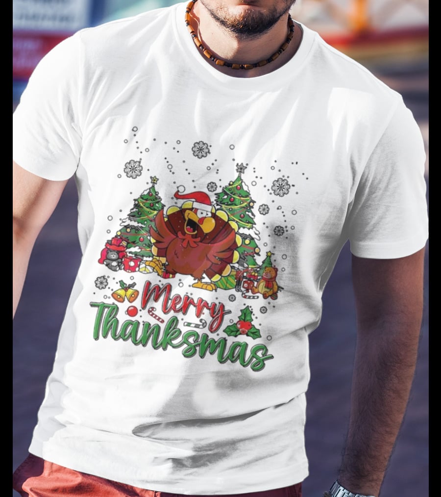 Merry Thanksmas Funny Turkey Santa Hat Christmas Trees T-Shirt