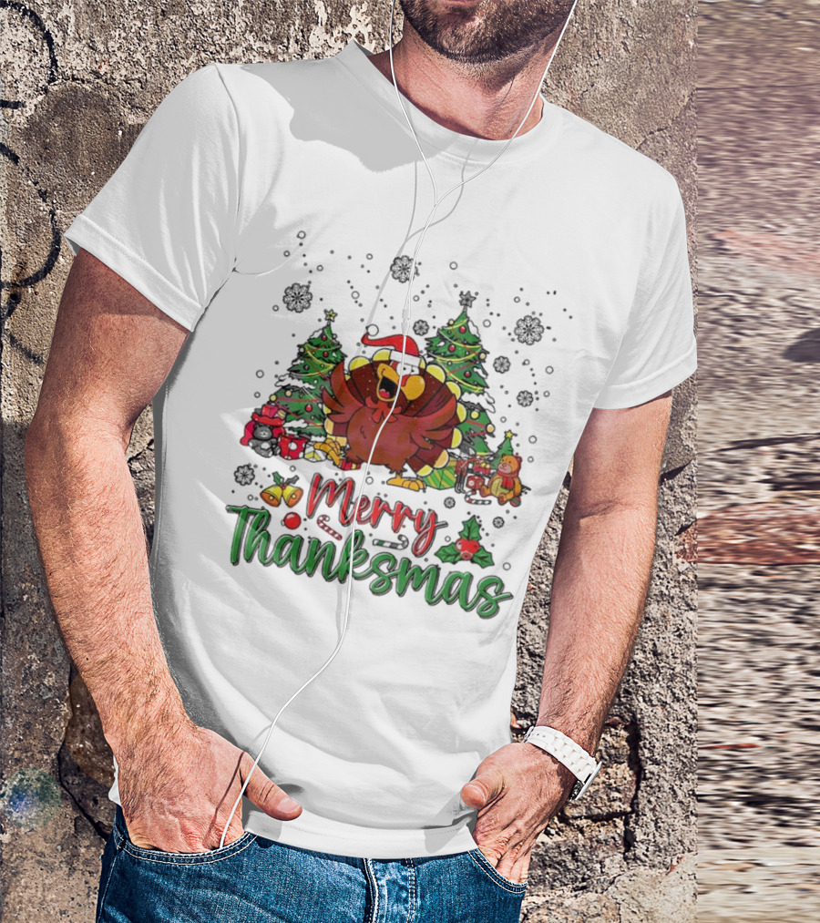 Merry Thanksmas Funny Turkey Santa Hat Christmas Trees T-Shirt