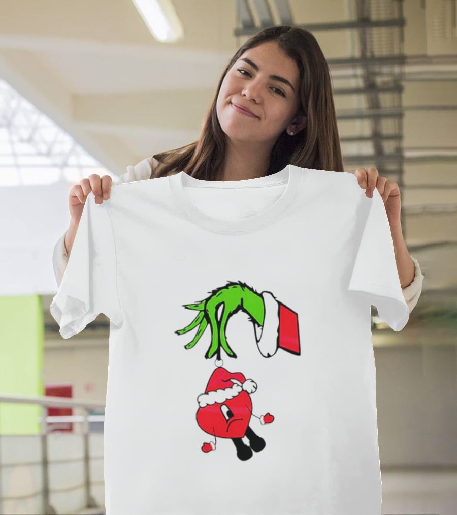 Grinch Hand Bad Bunny Santa Hat Christmas T-Shirt