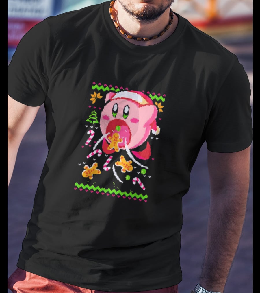 Kirby Santa Hat Eating Gingerbread Candy Canes Holiday T-Shirt