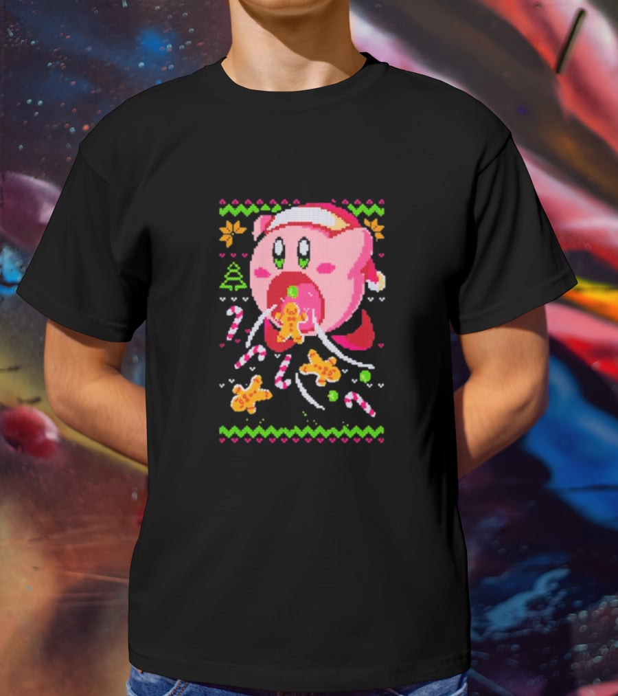 Kirby Santa Hat Eating Gingerbread Candy Canes Holiday T-Shirt