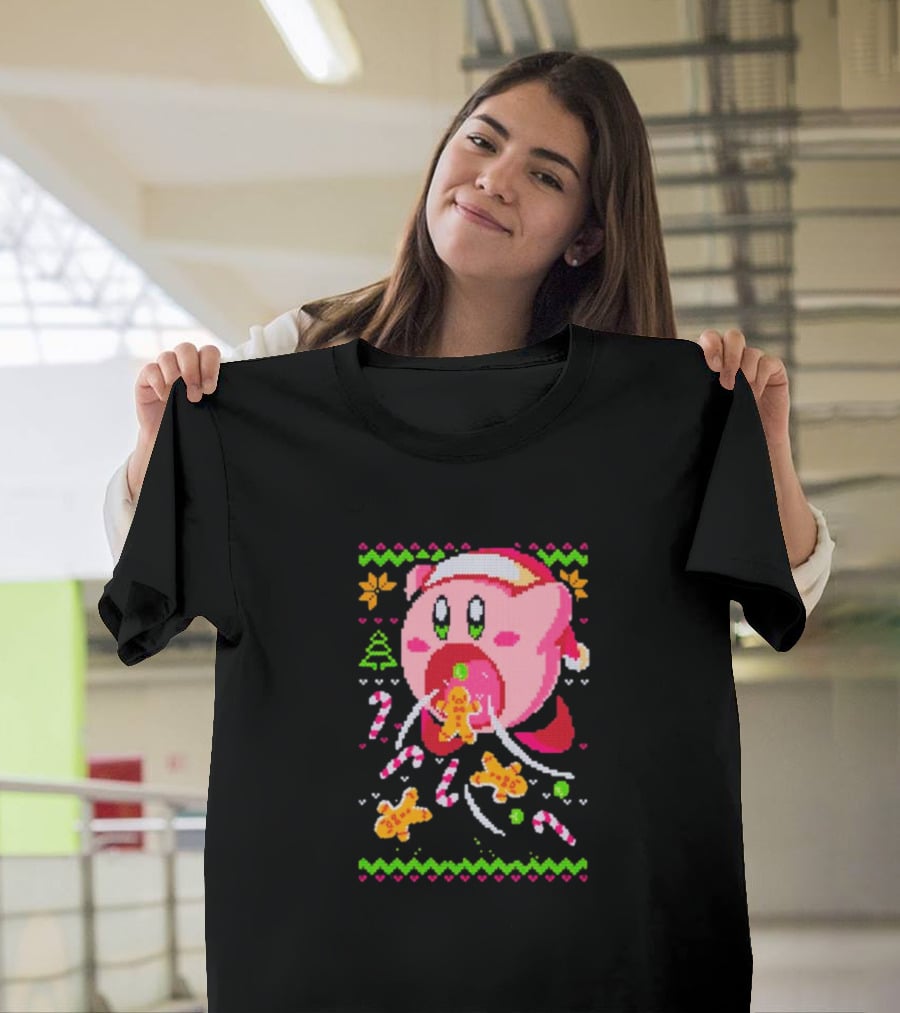 Kirby Santa Hat Eating Gingerbread Candy Canes Holiday T-Shirt