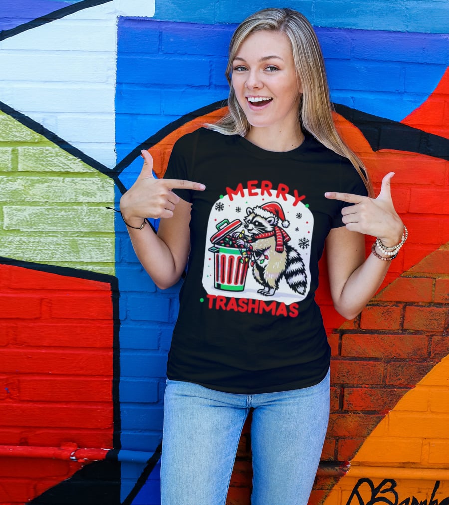 Merry Trashmas Raccoon Santa With Christmas Lights T-Shirt