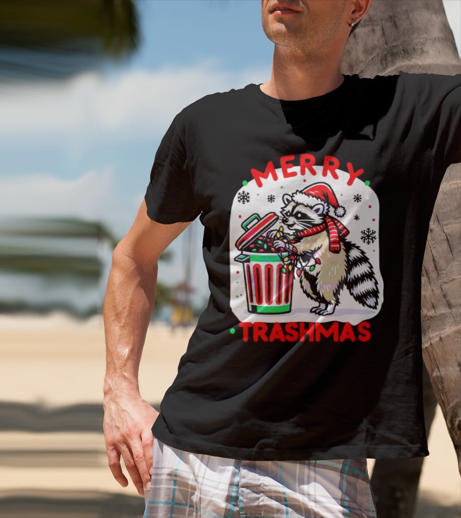 Merry Trashmas Raccoon Santa With Christmas Lights T-Shirt