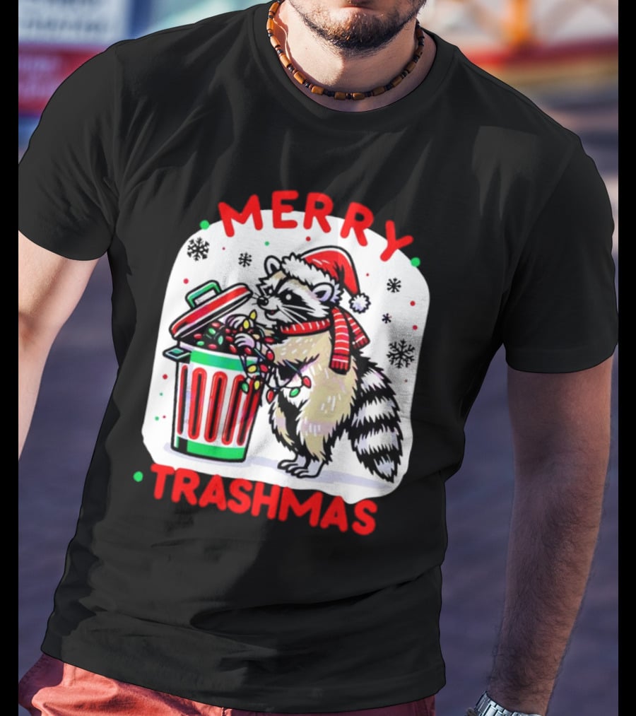 Merry Trashmas Raccoon Santa With Christmas Lights T-Shirt