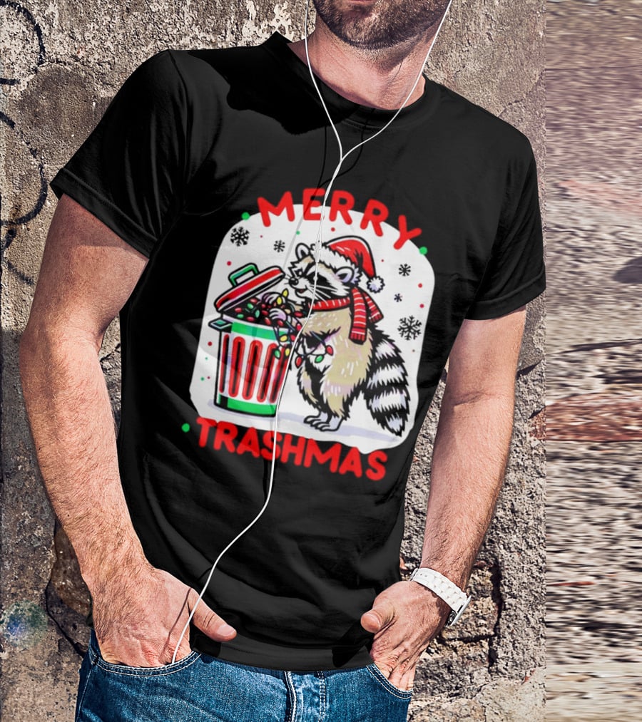Merry Trashmas Raccoon Santa With Christmas Lights T-Shirt