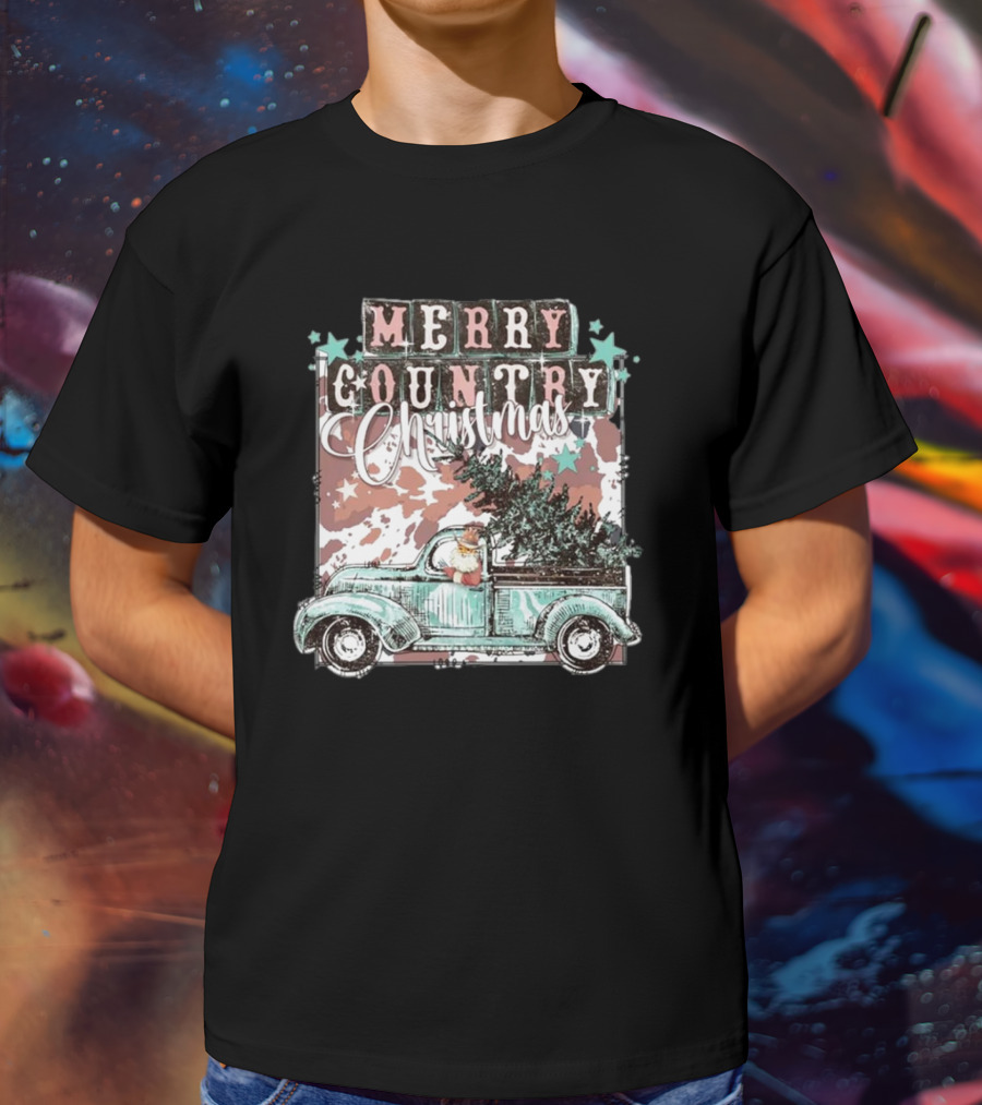 Merry Country Christmas Santa Truck With Tree T-Shirt
