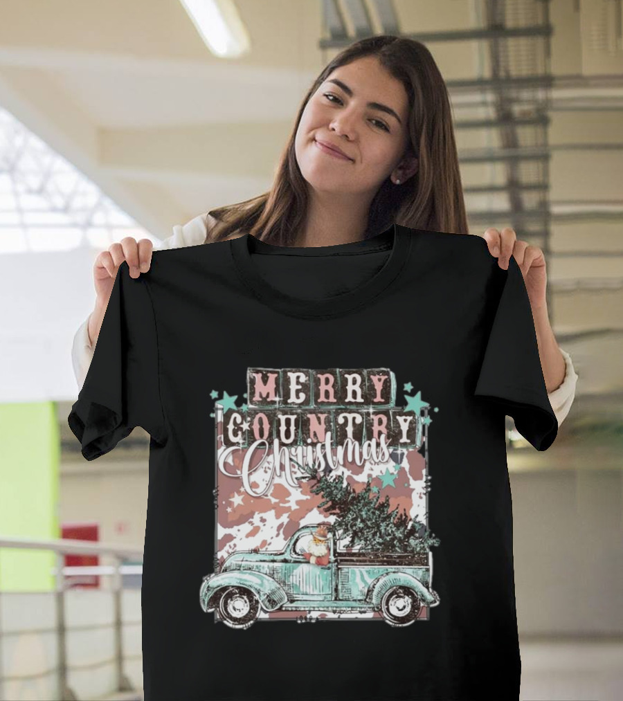 Merry Country Christmas Santa Truck With Tree T-Shirt