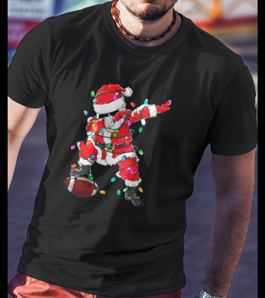 Santa Dabbing With Christmas Lights And Football T-Shirt