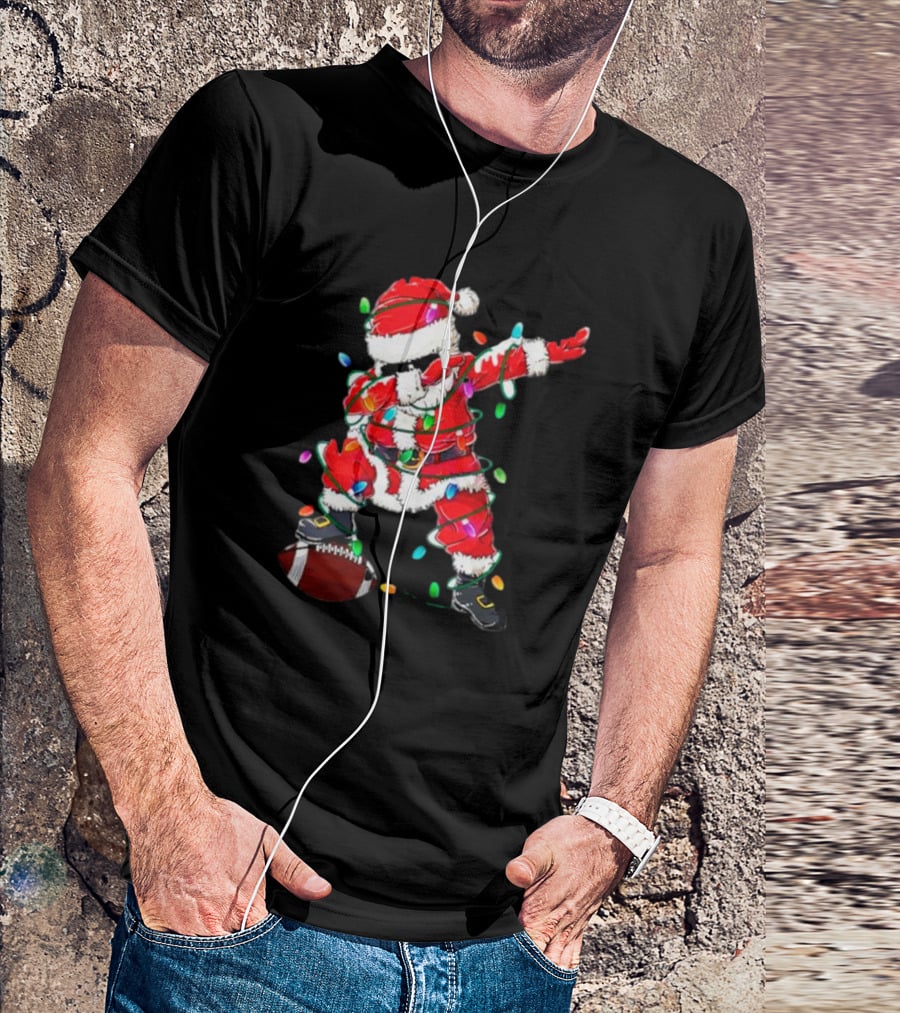 Santa Dabbing With Christmas Lights And Football T-Shirt