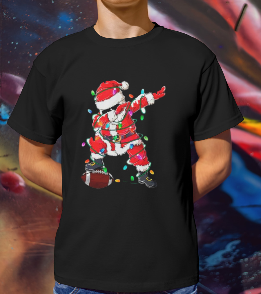 Santa Dabbing With Christmas Lights And Football T-Shirt