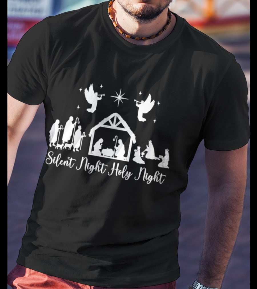 Silent Night Holy Night Nativity Scene With Angels And Star T-Shirt