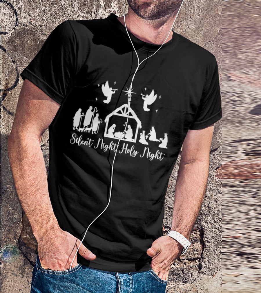 Silent Night Holy Night Nativity Scene With Angels And Star T-Shirt