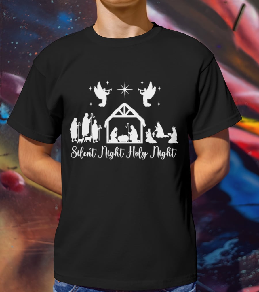 Silent Night Holy Night Nativity Scene With Angels And Star T-Shirt