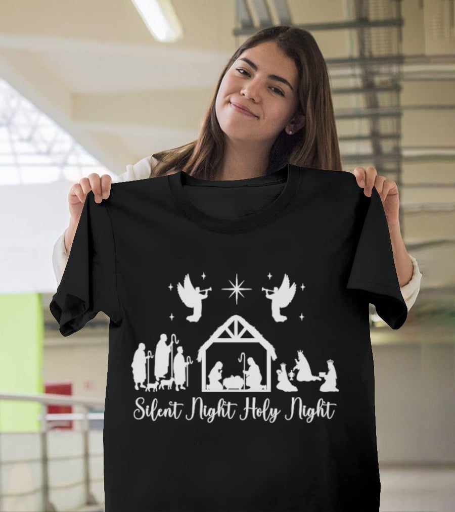 Silent Night Holy Night Nativity Scene With Angels And Star T-Shirt