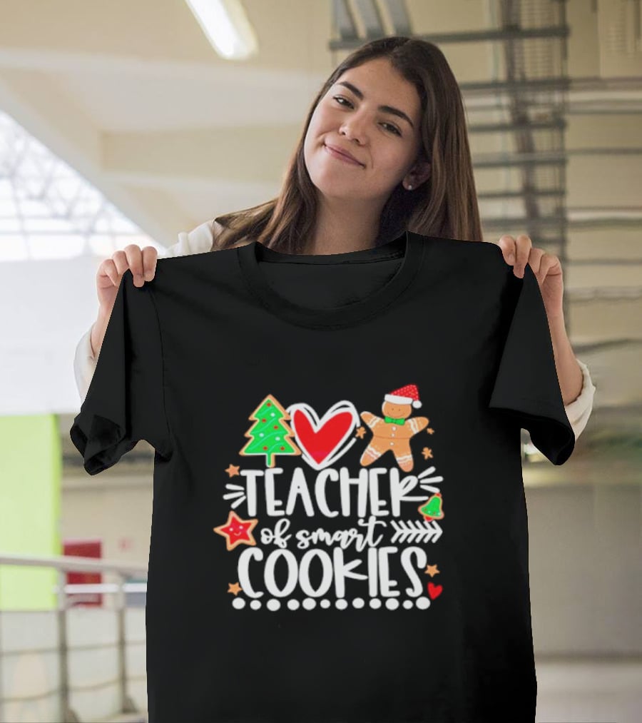Teacher Of Smart Cookies Christmas Tree Gingerbread Heart Stars T-Shirt