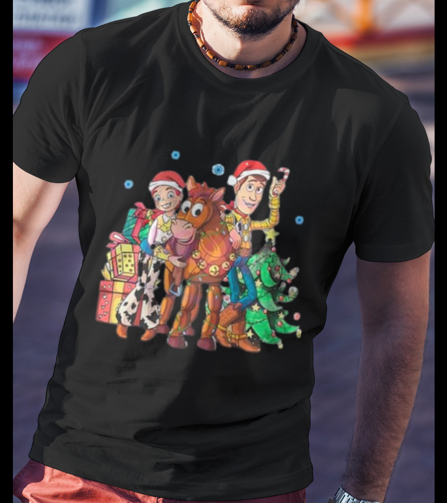 Toy Story Christmas Jessie Woody Bullseye Santa Hats Presents Christmas Tree T-Shirt