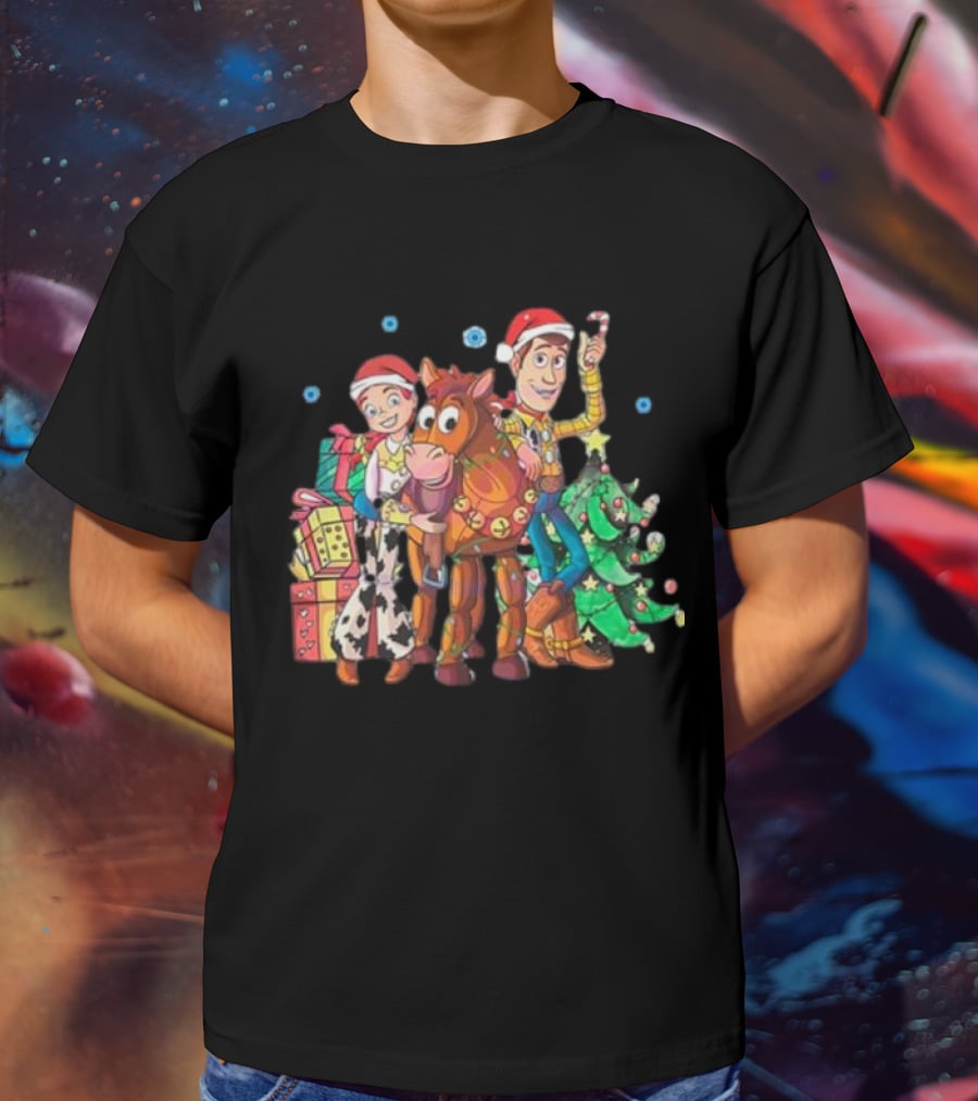 Toy Story Christmas Jessie Woody Bullseye Santa Hats Presents Christmas Tree T-Shirt
