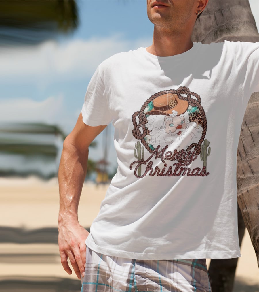 Merry Christmas Western Santa Cactus Rope Cowboy Hat T-Shirt