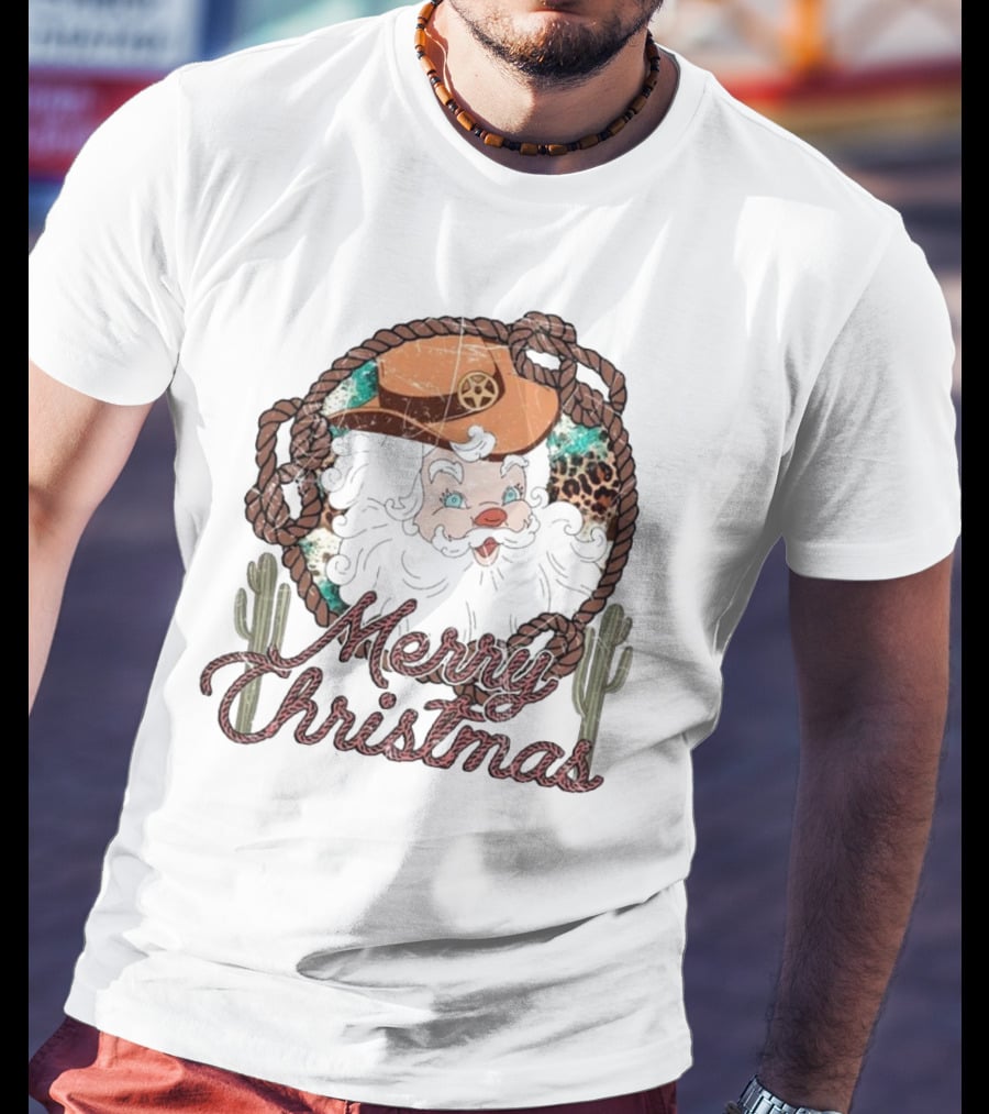 Merry Christmas Western Santa Cactus Rope Cowboy Hat T-Shirt