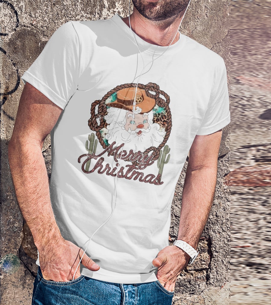 Merry Christmas Western Santa Cactus Rope Cowboy Hat T-Shirt