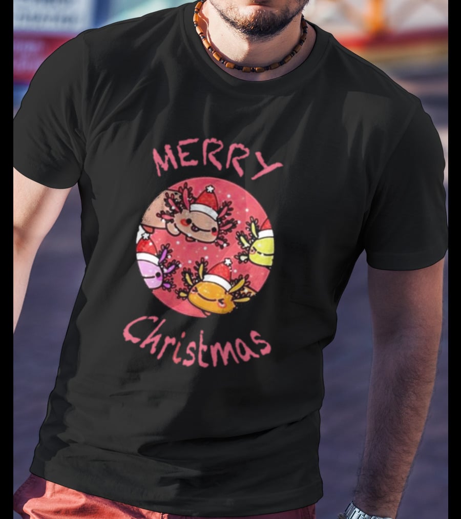 Merry Christmas Axolotl With Santa Hat T-Shirt