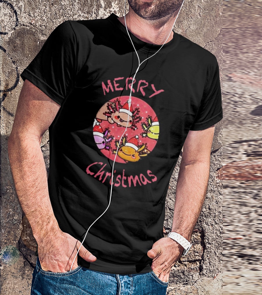 Merry Christmas Axolotl With Santa Hat T-Shirt