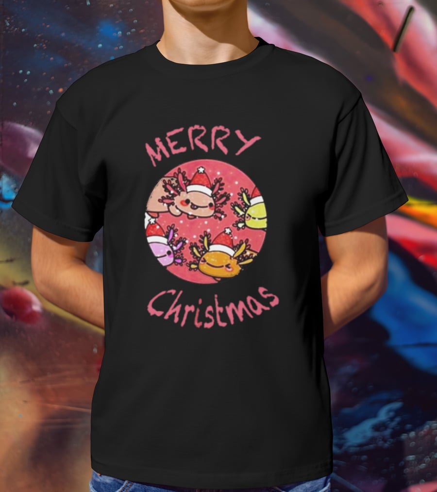 Merry Christmas Axolotl With Santa Hat T-Shirt