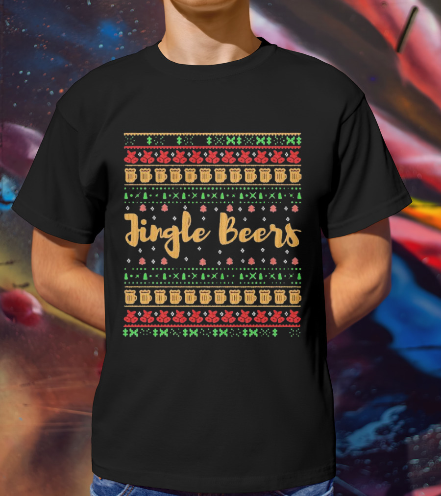 Jingle Beers Christmas Sweater Pattern With Beer Mugs And Holiday Decorations T-Shirt