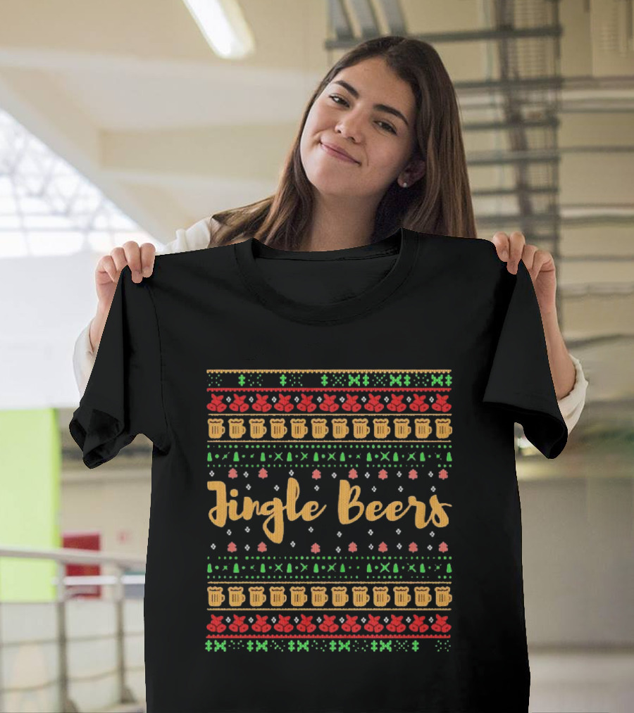 Jingle Beers Christmas Sweater Pattern With Beer Mugs And Holiday Decorations T-Shirt