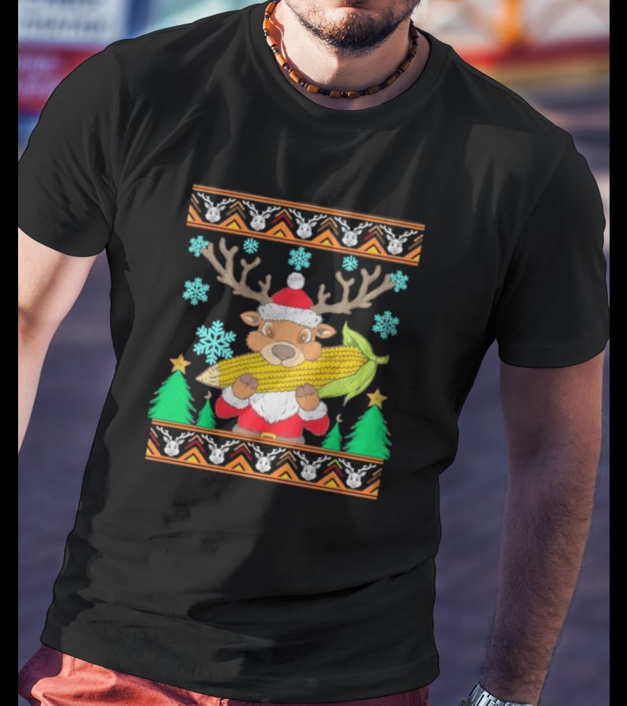 Reindeer Holding Corn With Snowflakes And Trees Christmas T-Shirt