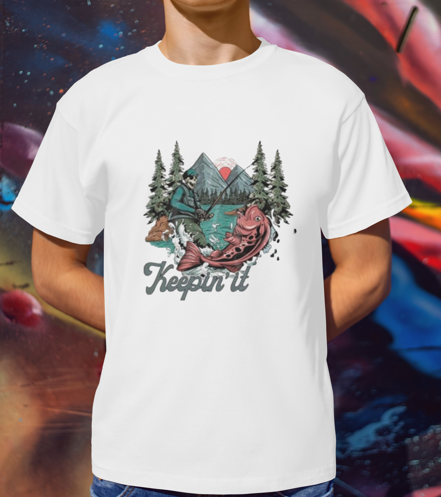 Keepin' It Reel Skeleton Fishing Adventure With Giant Fish And Mountain Lake Scene T-Shirt