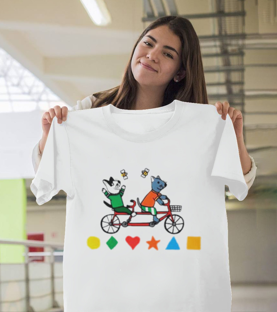 Tandem Cats Bike With Colorful Geometric Shapes T-Shirt
