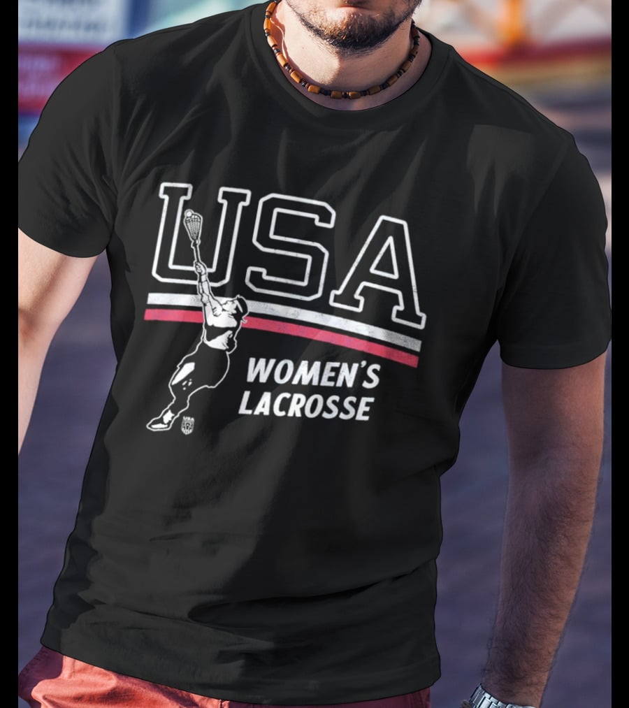 USA Women's Lacrosse Athletic Graphic With Player And Red White Stripes T-Shirt