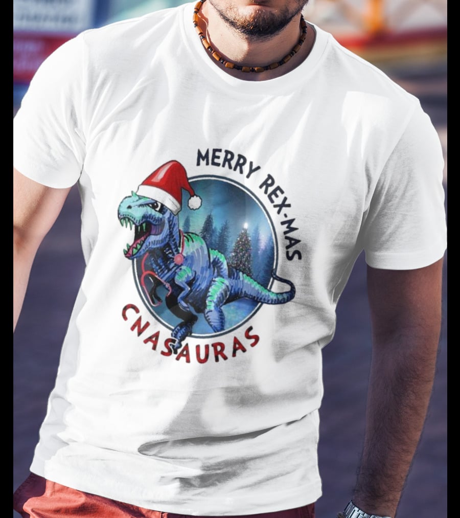Merry Rex-mas CNAauras Santa Hat Dinosaur Christmas Tree Forest T-Shirt