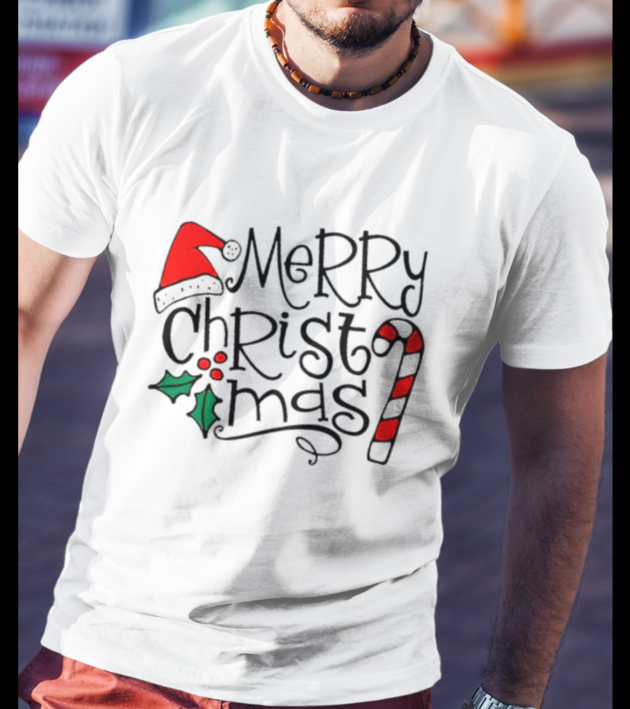 Merry Christmas Santa Hat And Candy Cane T-Shirt