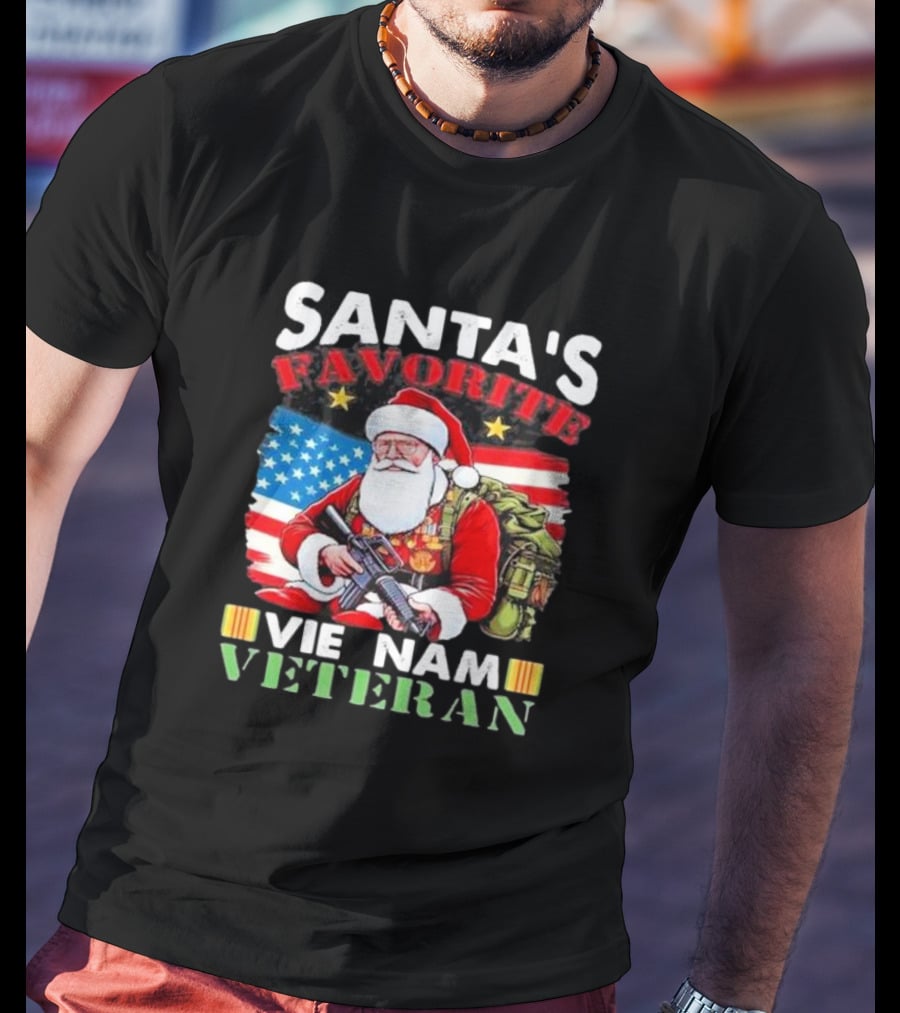 Santa's Favorite Vietnam Veteran With American Flag And Santa Claus Holding Military Gear T-Shirt