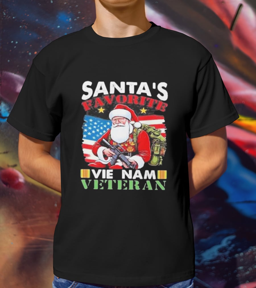 Santa's Favorite Vietnam Veteran With American Flag And Santa Claus Holding Military Gear T-Shirt