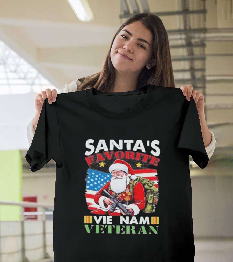 Santa's Favorite Vietnam Veteran With American Flag And Santa Claus Holding Military Gear T-Shirt