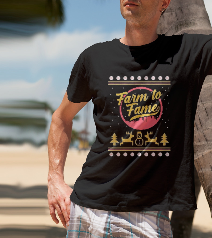Farm To Fame Baseball Christmas Sweater Reindeer Snowman Forest T-Shirt