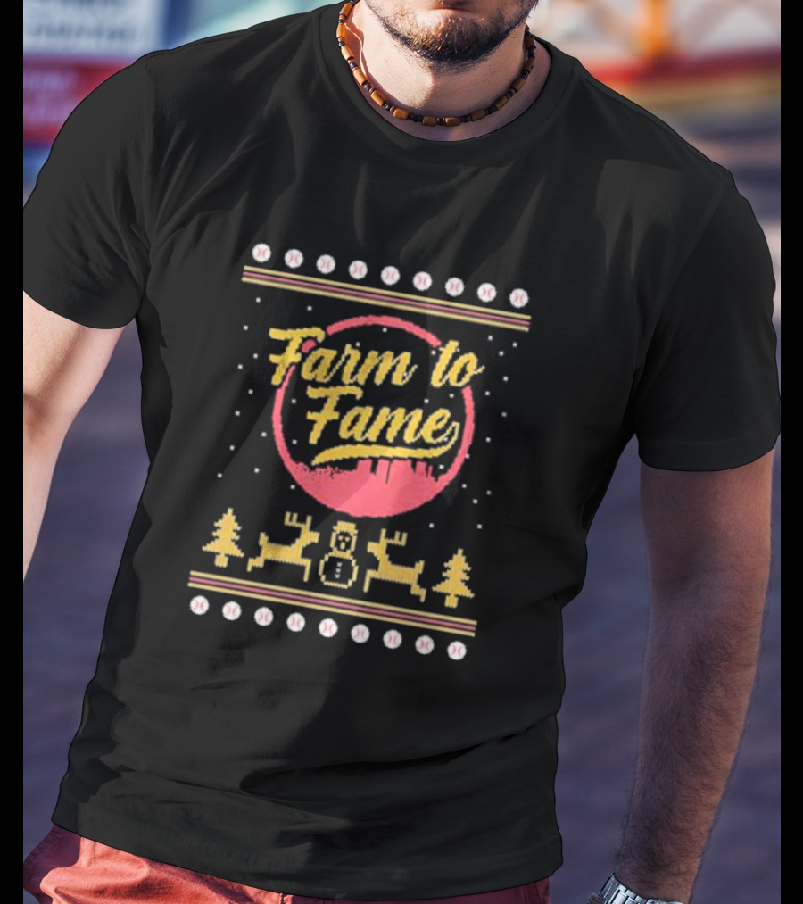 Farm To Fame Baseball Christmas Sweater Reindeer Snowman Forest T-Shirt